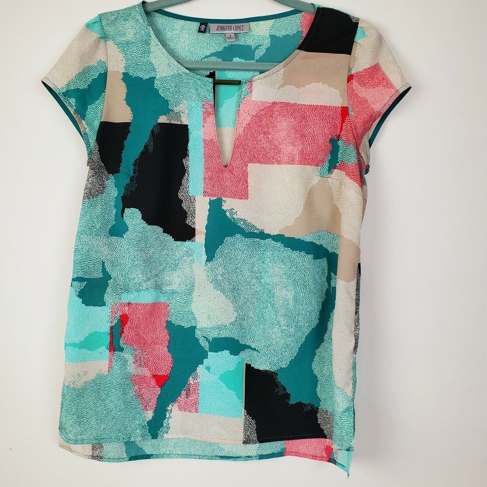 Jennifer Lopez Women's Blue Red Small Print Blouse Short Sleeve Career